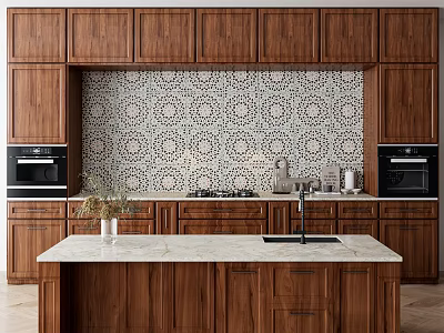 Wooden Kitchen Cabinets With Patterned Tile Backsplash And Marble Island Counter 3d model