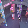 Pink Octopus Art Installation With Yellow Vintage Van And Neon Lights In Modern Interior