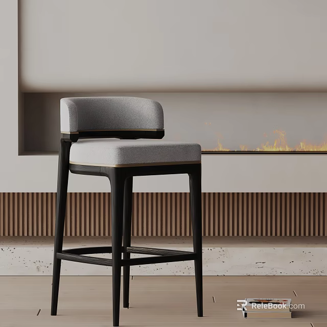 Modern Gray Upholstered Bar Stool With Black Wooden Legs Near Fireplace Interior 3d model 
