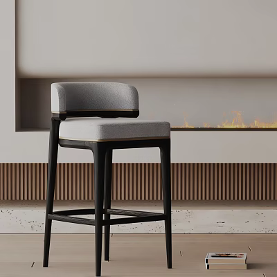 Modern Gray Upholstered Bar Stool With Black Wooden Legs Near Fireplace Interior 3d model