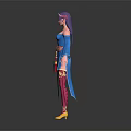 Game Movie Character With Purple Hair Blue Off Shoulder Top Wide Sleeves Golden Belt And Colorful Patterns