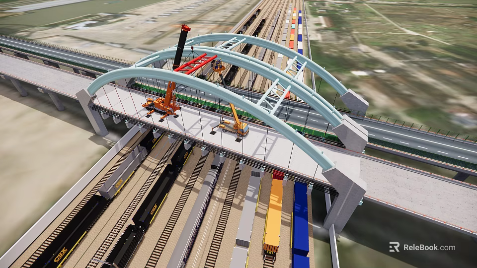 Modern Bridge Construction Site Featuring Cranes Steel Structure And Rail Tracks 3d model 