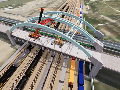 Modern Bridge Construction Site Featuring Cranes Steel Structure And Rail Tracks 3d model