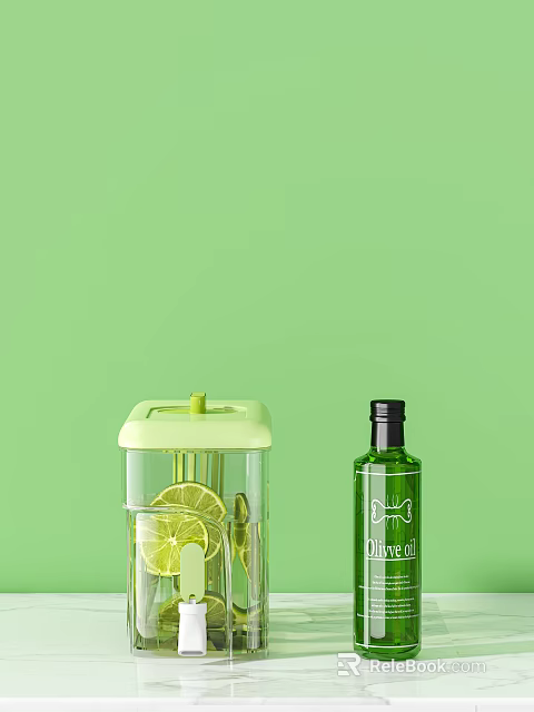 Household Essentials Green Olive Oil Bottle And Transparent Container With Lemon Slices On Green Background 3d model 