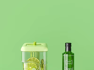 Household Essentials Green Olive Oil Bottle And Transparent Container With Lemon Slices On Green Background 3d model