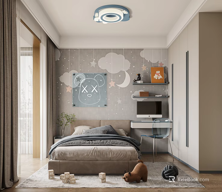 Cozy Modern Kids Bedroom With Bear Wall Decor And Study Area 3d model 