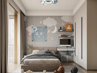 Cozy Modern Kids Bedroom With Bear Wall Decor And Study Area 3d model