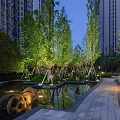 Outdoor Pergola in Modern Landscape with Water Feature Misty Greenery Circular Sculpture and Trees