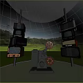 Vintage TVs Stacked With Film Projector On Green Grass Field With Trees