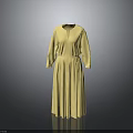 Yellow V Neck Long Sleeved Pleated Maxi Dress With Flowy Skirt Details