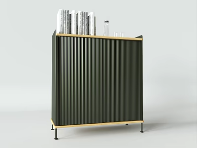 Modern Black Sideboard Design with Vertical Stripes Top Books Vase Glasses Wooden Frame 3d model