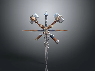 Fantasy Medieval Weapon Assembly With Crossed Sword Dual Hammers And Skull Ornaments 3d model