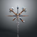 Fantasy Medieval Weapon Assembly With Crossed Sword Dual Hammers And Skull Ornaments