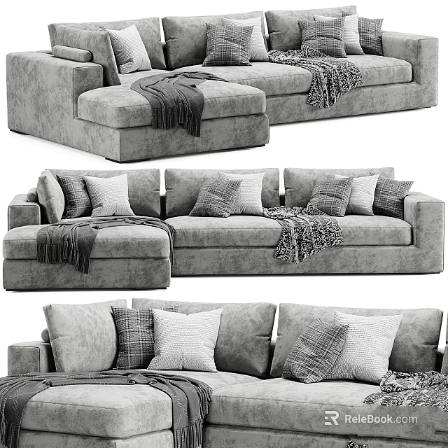 Modern Gray Sectional Sofa With Plush Pillows And Cozy Throws 3d model