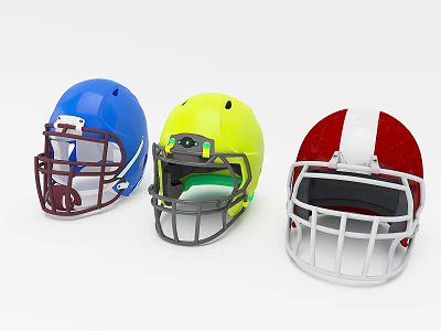 Three Different Colored American Football Helmets in Blue Yellow and Red White 3d model