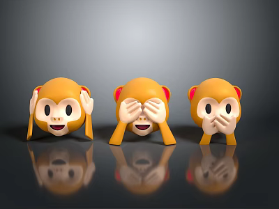 Three Cute Monkey Plush Toys With Different Gestures Covering Ears Eyes Mouth 3d model