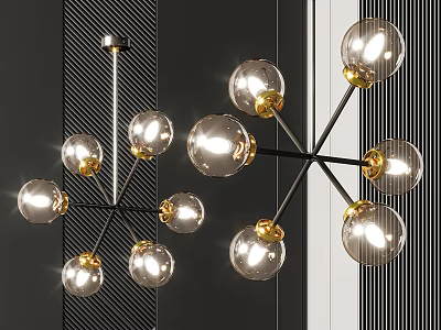 Modern Chandelier With Transparent Glass Globes Gold Accents And Black Metal Frame 3d model