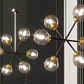 Modern Chandelier With Transparent Glass Globes Gold Accents And Black Metal Frame