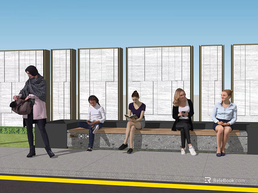 People Standing and Sitting on Bench in Outdoor Area with Paneled Walls 3d model 