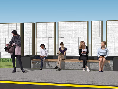 People Standing and Sitting on Bench in Outdoor Area with Paneled Walls 3d model