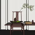 Bonsai Plant in Black Bowl with Green Fruits Books Small Statue on Wooden Table