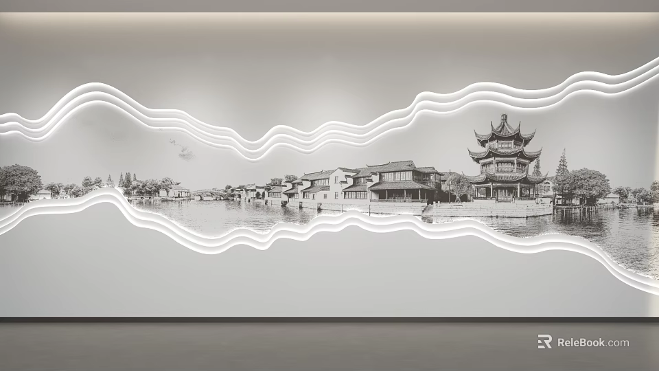 Traditional Chinese Architecture Background Wall with Wavy White Lines and Black White Ink Design 3d model 