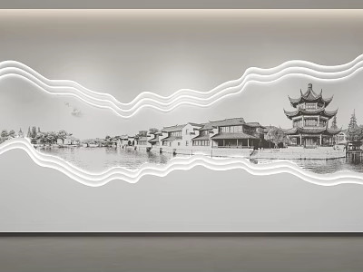 Traditional Chinese Architecture Background Wall with Wavy White Lines and Black White Ink Design 3d model
