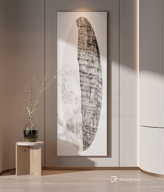 Modern Interior With Abstract Textured Wall Art Glass Vase And Green Branches On Wooden Stand 3d model 