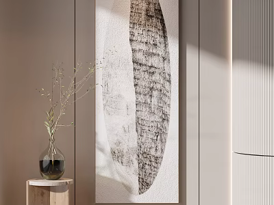Modern Interior With Abstract Textured Wall Art Glass Vase And Green Branches On Wooden Stand 3d model