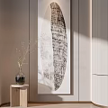 Modern Interior With Abstract Textured Wall Art Glass Vase And Green Branches On Wooden Stand