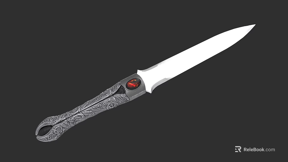 Decorative Knife With Ornate Carved Handle Red Gemstone Inlay And Polished White Blade 3d model 