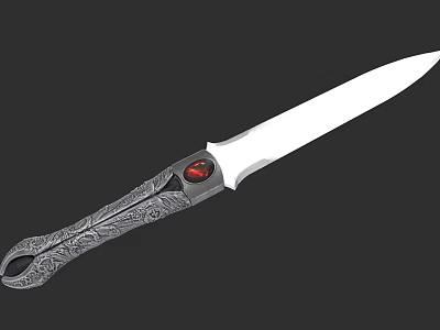 Decorative Knife With Ornate Carved Handle Red Gemstone Inlay And Polished White Blade 3d model