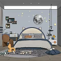 Cozy Kids Room Interior With Moon Stars Wall Decor Bed Rug And Playful Toys