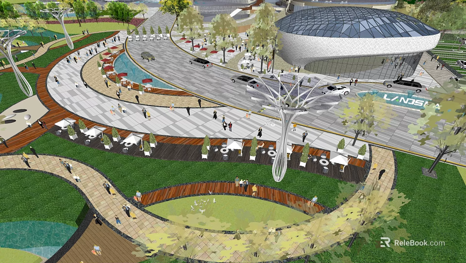 Modern Urban Public Space Featuring Curved Walkways Greenery Trees And Seating Areas 3d model 