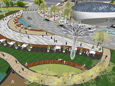 Modern Urban Public Space Featuring Curved Walkways Greenery Trees And Seating Areas 3d model