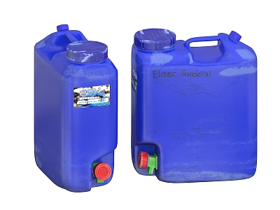 Durable Industrial Blue Plastic Storage Drums With Red Green Valves And Labels 3d model