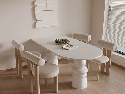 Modern White Dining Table Set With Armchairs Fruit Bowl Magazine And Wall Decor 3d model