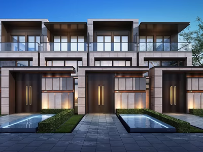 Modern Townhouse Exterior Design With Terraced Structure Glass Windows And Entrance Lighting 3d model