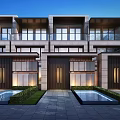 Modern Townhouse Exterior Design With Terraced Structure Glass Windows And Entrance Lighting