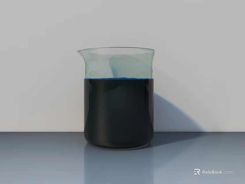 Transparent Ceramic Beaker With Dark Liquid On Grey Countertop And Light Grey Wall 3d model 