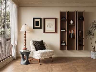 Plush White Accent Chair With Black Cushion Wall Art Table Lamp Wooden Bookshelf Indoor Plant 3d model