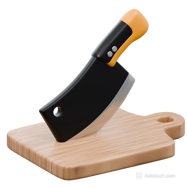 Kitchen Knife With Black Blade And Orange Handle On Wooden Cutting Board 3d model 