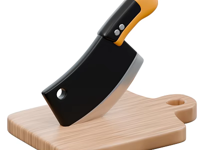 Kitchen Knife With Black Blade And Orange Handle On Wooden Cutting Board 3d model