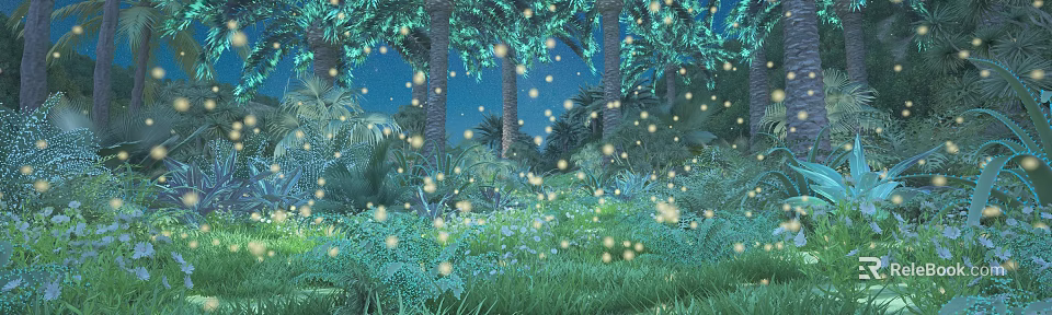 Cartoon Scene of Moonlit Tropical Jungle With Palm Trees Fireflies Grass And Flowers 3d model 