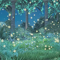 Cartoon Scene of Moonlit Tropical Jungle With Palm Trees Fireflies Grass And Flowers