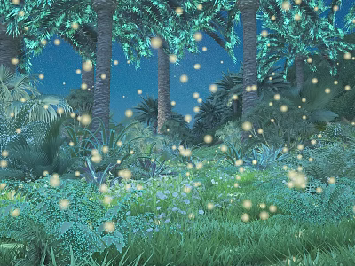 Cartoon Scene of Moonlit Tropical Jungle With Palm Trees Fireflies Grass And Flowers 3d model