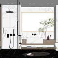 Modern Bathroom Interior Featuring Marble Vanity Large Mirror Glass Shower And Potted Plant
