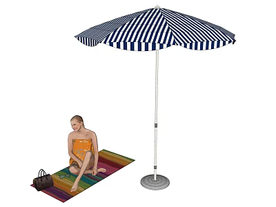 Woman Sitting on Colorful Mat Under Blue and White Striped Umbrella in Orange Outfit 3d model