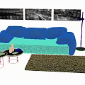 Dark Purple Two Seater Sofa with Coffee Table Decorative Items Floor Lamp and Dark Rug