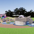 Children's Play Area With Circular Design Colorful Flooring Green Lawn And Decorative Arches